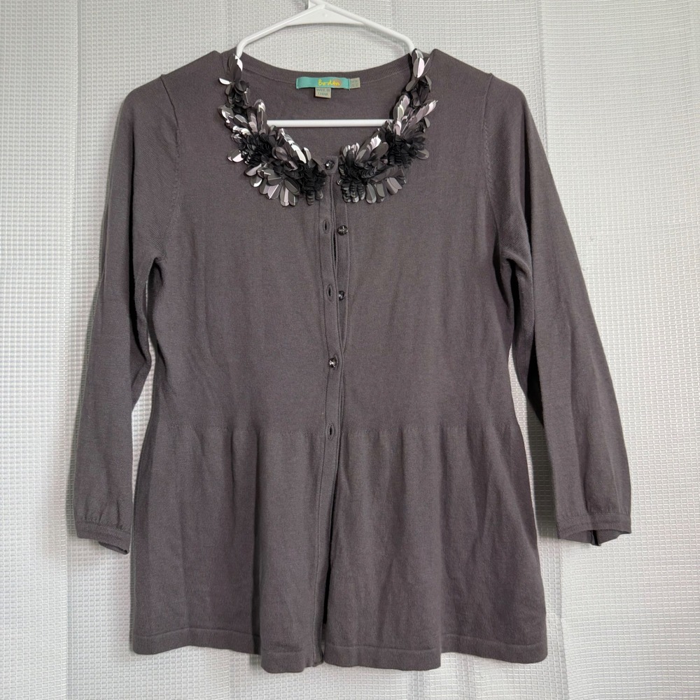 Boden Cardigan Gray Cotton Silk Sequin Floral Neckline Peplum Classic UK14 US10